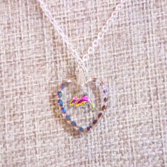 Vintage Reverse Carved Lucite Heart Shaped Dolphin Pendant Necklace - Picture 2 of 6